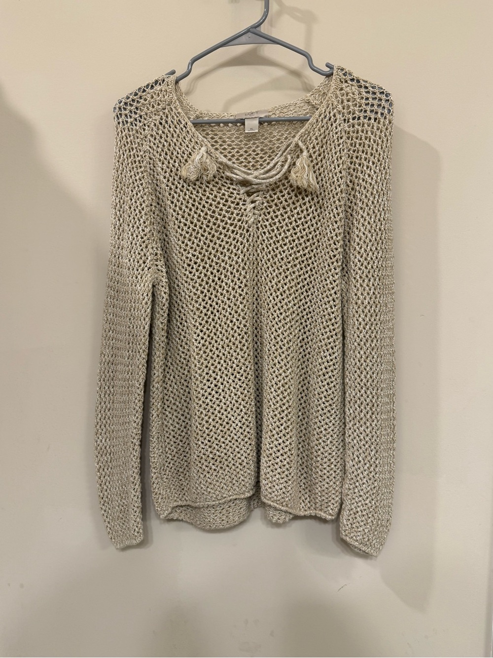 LOFT Cream Open-Weave Lace-Up Pullover Sweater